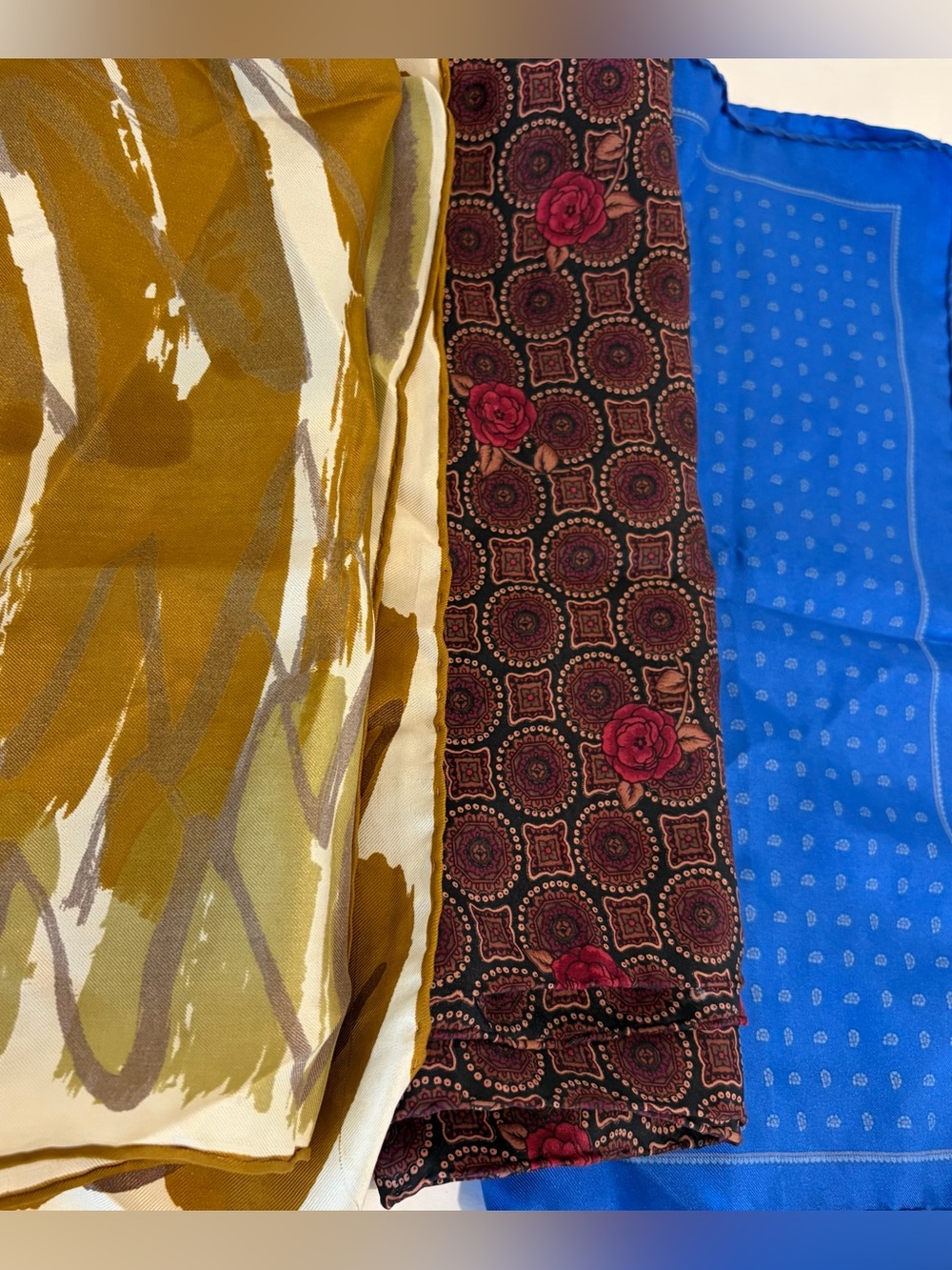 Set of Three Patterned Scarves - Mustard, Burgundy, Royal Blue Vera Neumann
